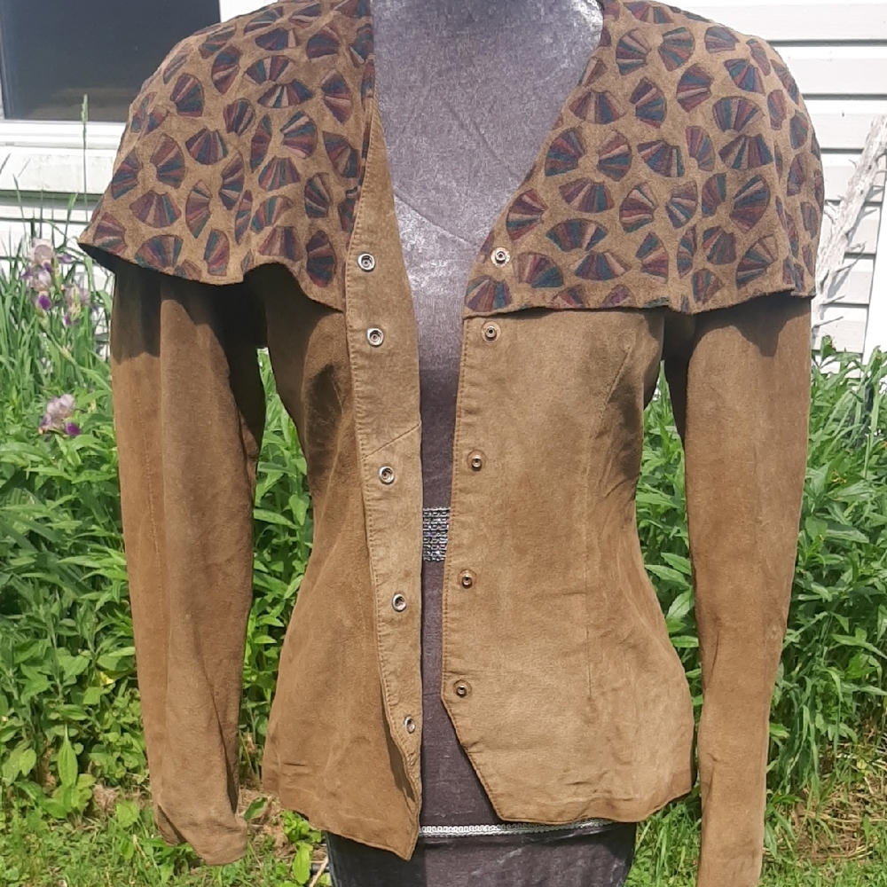 80's🤎DANIER🤎SUEDE Military Green Jacket with Attached Hand Painted Caplet SZ S - Picture 8 of 16
